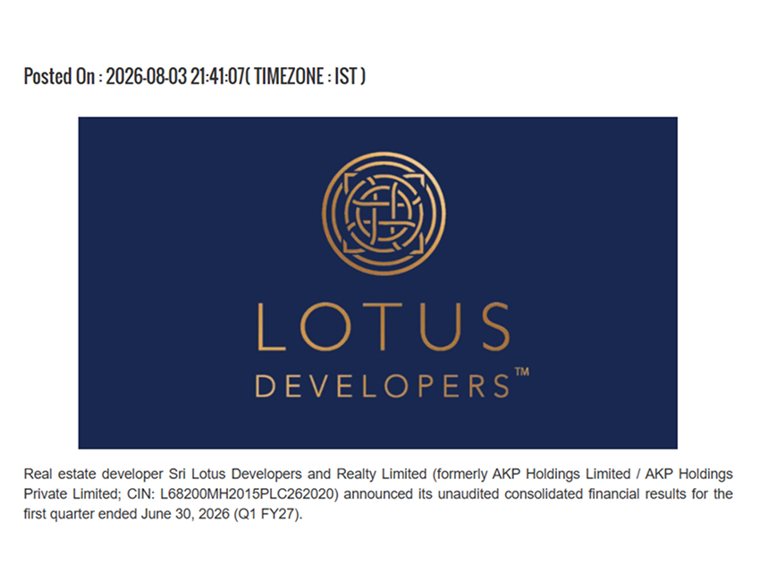 Sri Lotus Developers and Realty Reports Strong Q1 FY27 Results: Net Profit Up 77.3% YoY to ₹45.72 Crore; Revenue Rises 114.3%