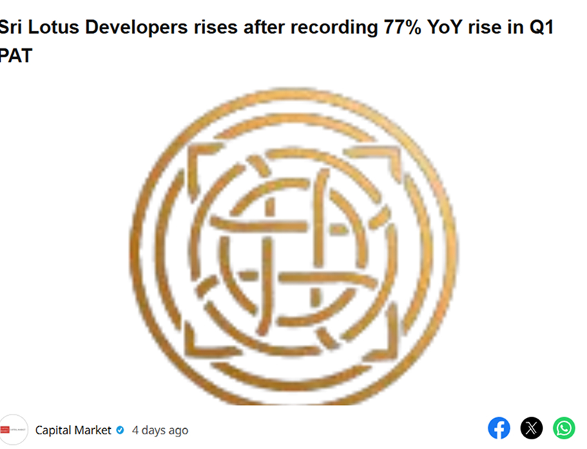 Sri Lotus Developers rises after recording 77% YoY rise in Q1 PAT